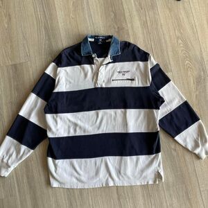 Ralph Lauren Polo Sport Men's Large White Blue Rugby Shirt Denim Collar Striped